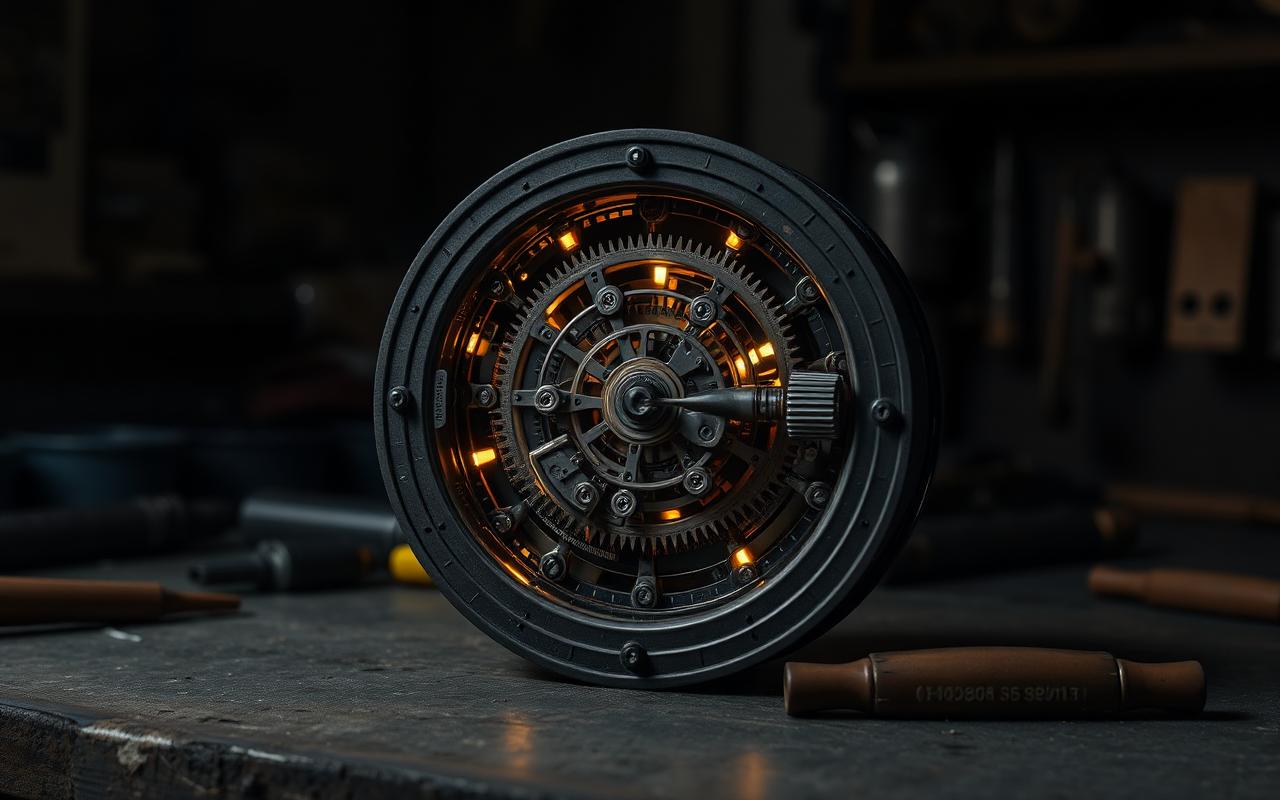 An exposed mechanical clockwork gear assembly with glowing inner workings on a dark workshop bench, warm light