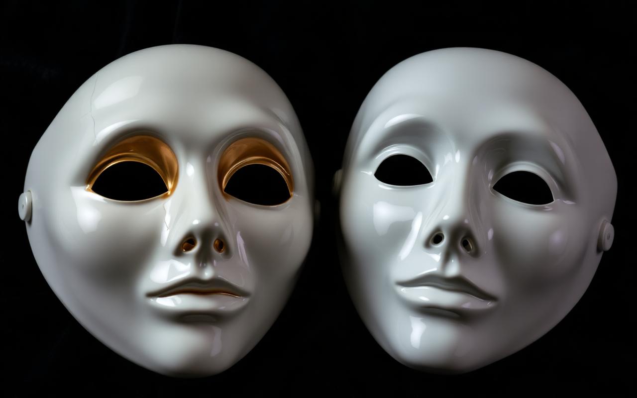Two identical porcelain masks on a dark velvet surface, one softly cracked showing warm gold inside