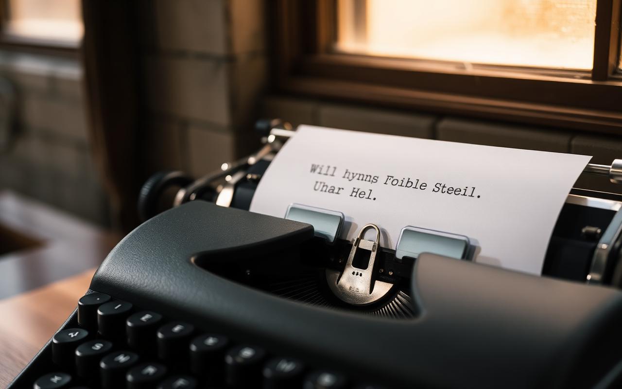 A vintage typewriter with a fresh page half typed on it, warm golden window light
