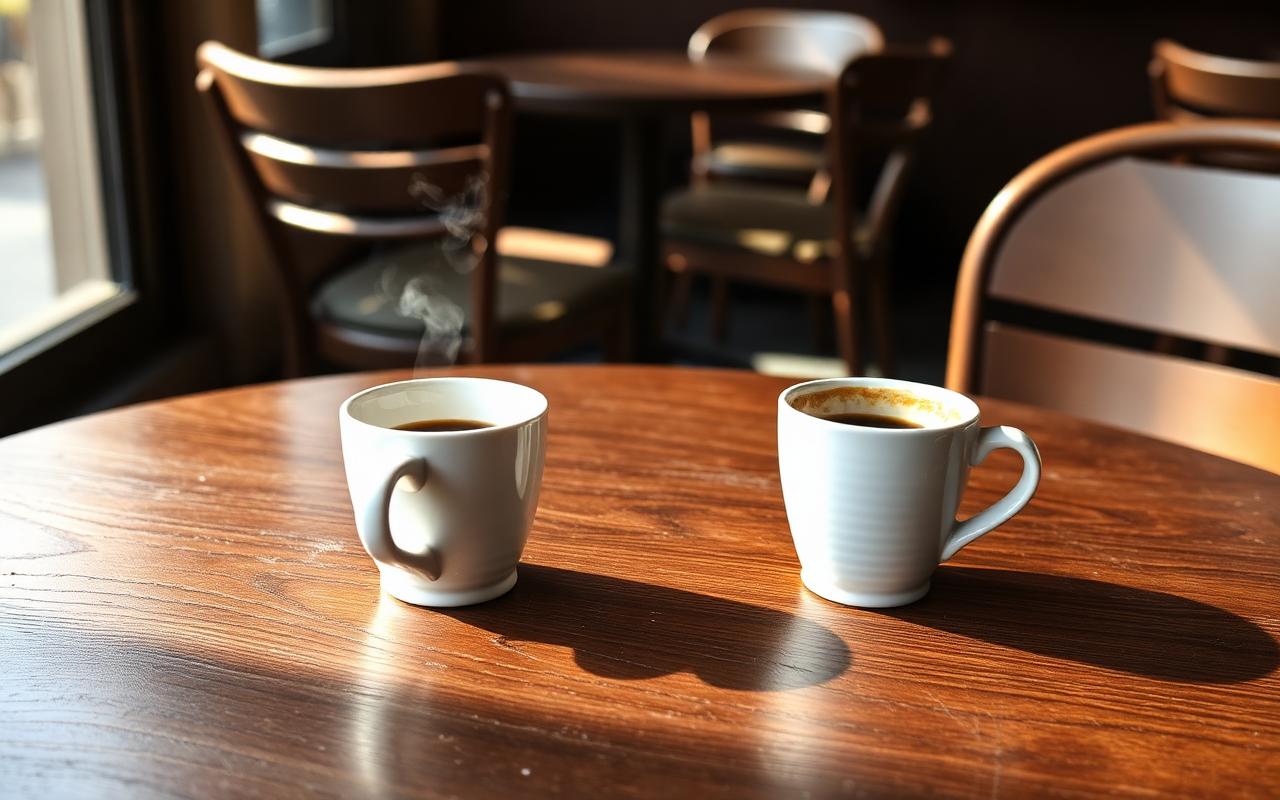 Two coffee cups on a small cafe table across from each other with morning light streaming in through the window