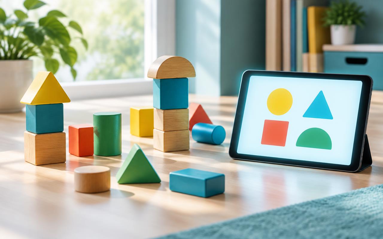 Colorful learning blocks beside a tablet showing abstract shapes