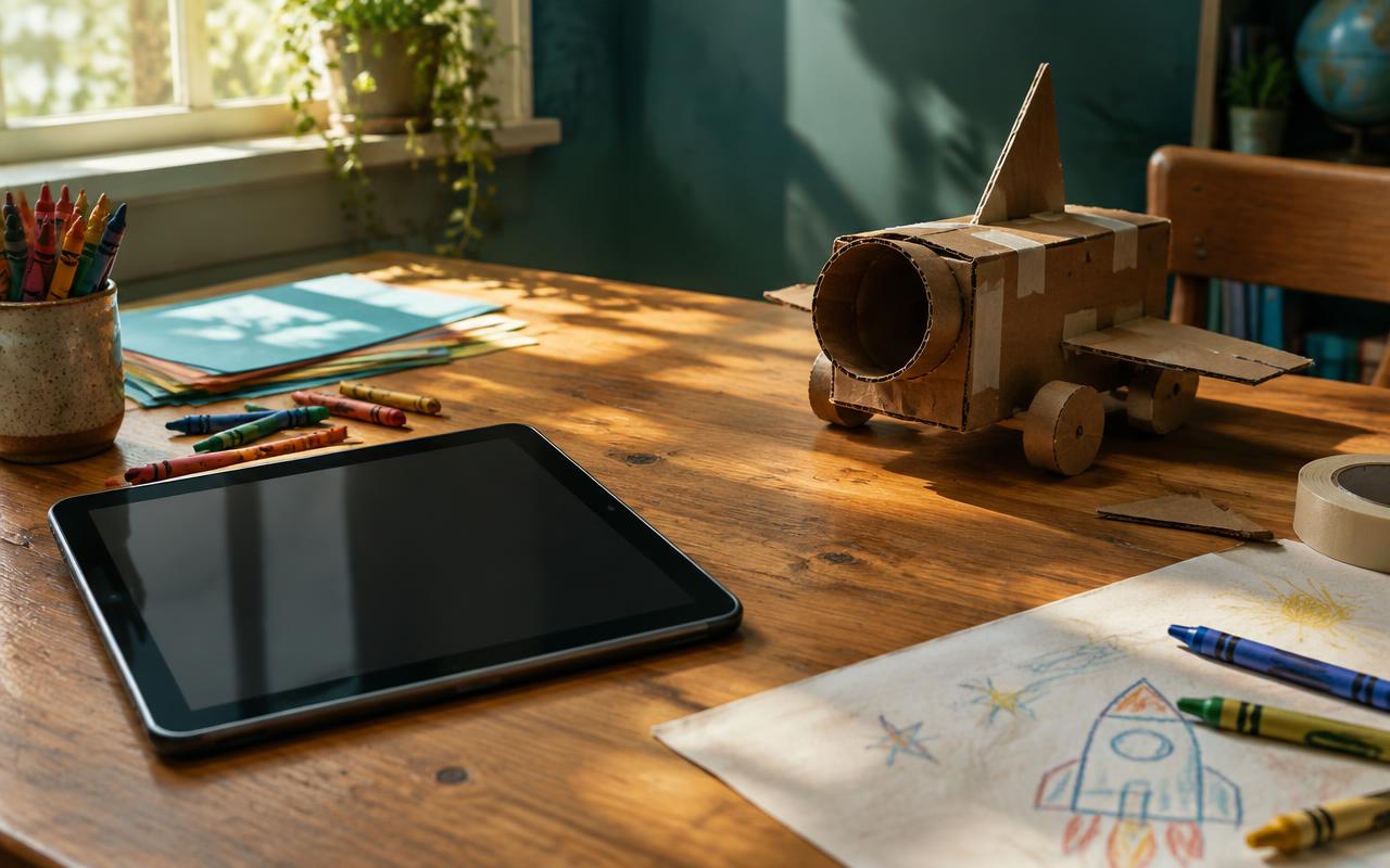 A blank tablet beside crayons and a cardboard invention