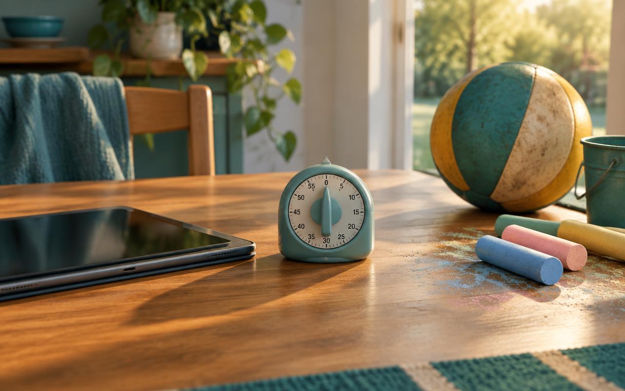 A kitchen timer between a tablet and outdoor play objects