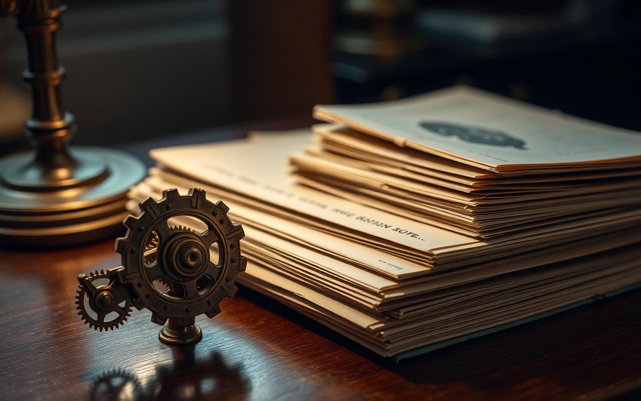 A stack of unopened letters and a small brass gear on a mahogany desk in warm lamplight