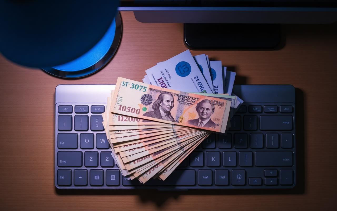 Banknotes fanned out across a laptop keyboard under a blue desk lamp