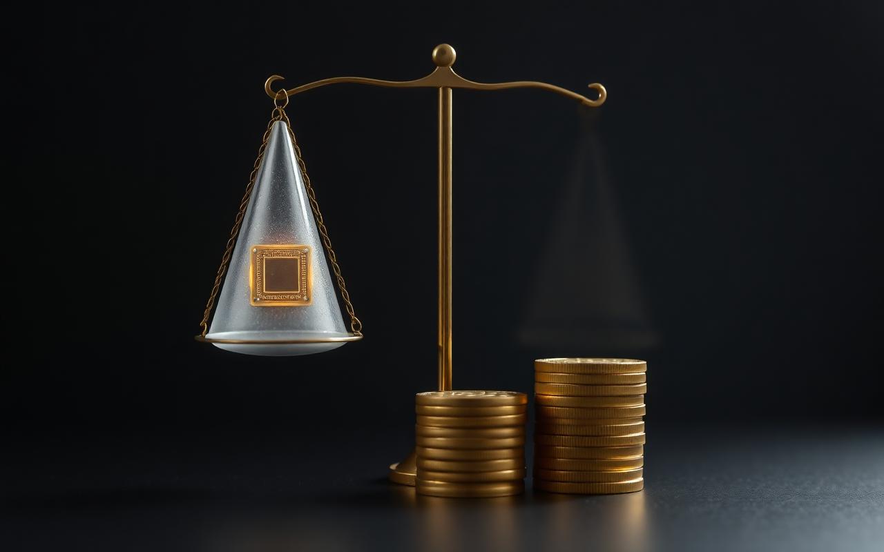 A pair of frosted glass scales balancing a small illuminated microchip against a stack of coins