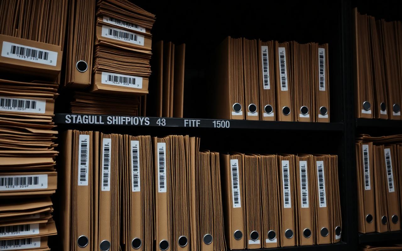 A wall of manila folders on a dark shelf, each tagged with a glowing barcode