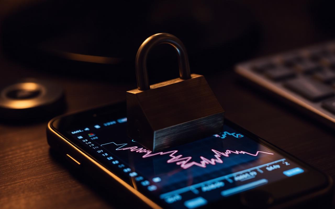 A locked antique padlock resting on top of a smartphone screen displaying financial charts