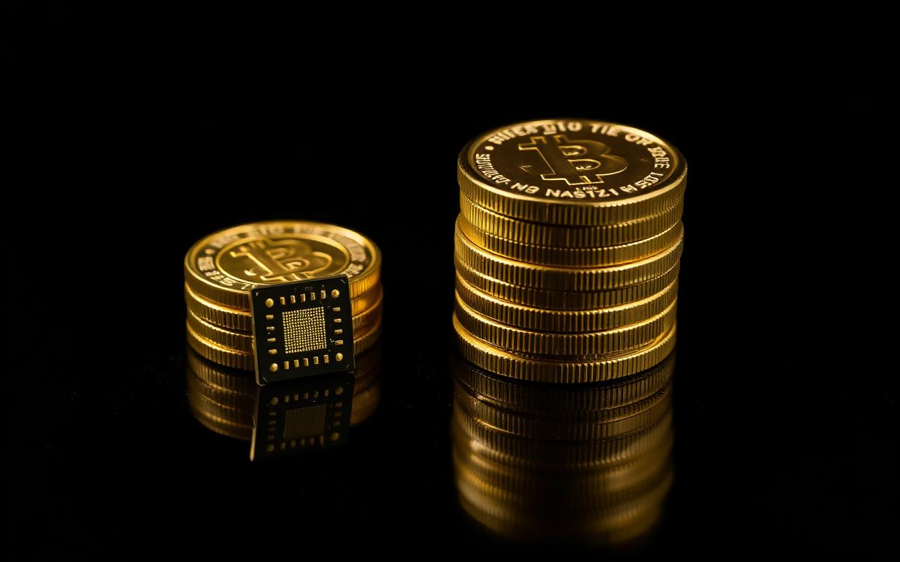 A stack of shiny golden coins beside a small glowing microchip on a black polished surface