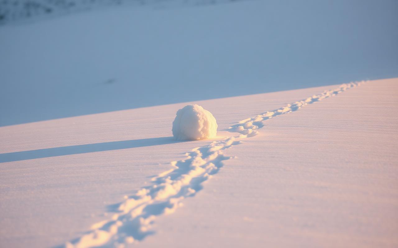 A snowball rolling down a snowy hill leaving a wide compacted trail behind it in soft winter light