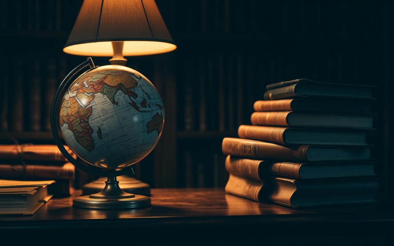 A world globe on a dark wooden desk beside a stack of leather bound books in warm lamp light