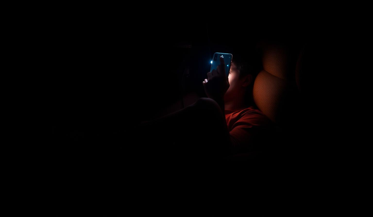 A person curled in an armchair late at night, lit only by the glow of a phone screen