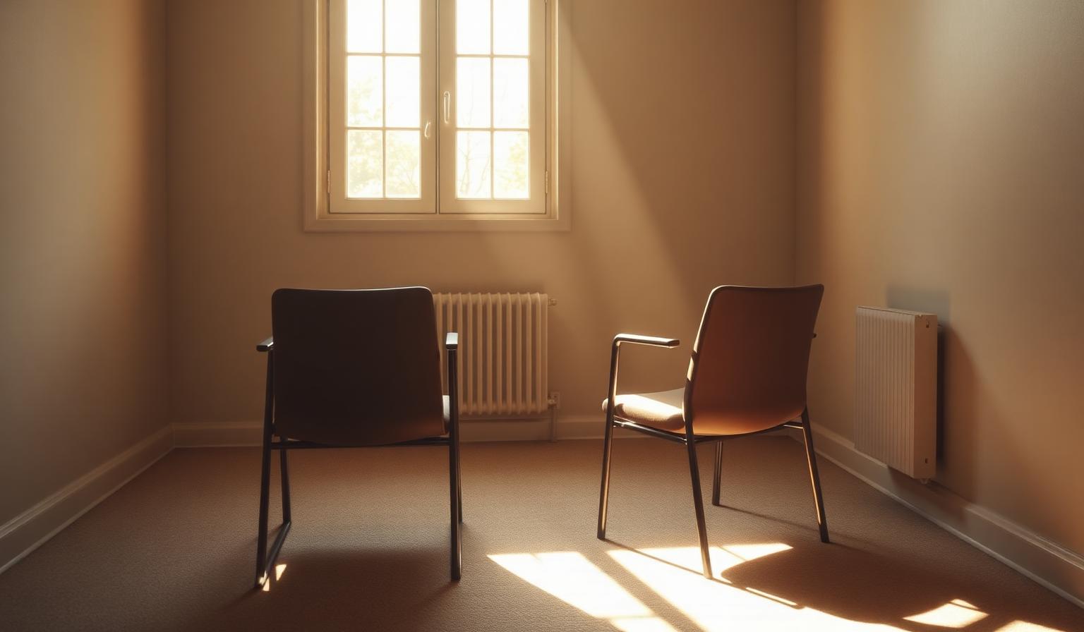 Two empty chairs facing each other in a softly lit therapy room with warm afternoon light