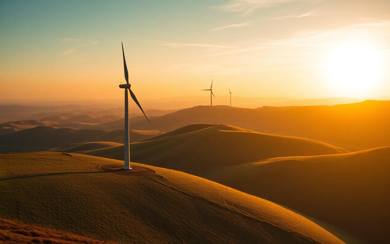 A wind turbine catching golden sunlight on a green ridge under a dramatic sky