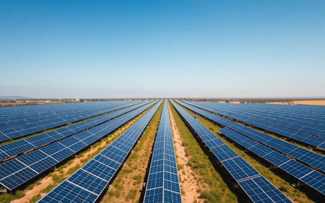 A solar panel field stretching to a clean horizon under early morning light