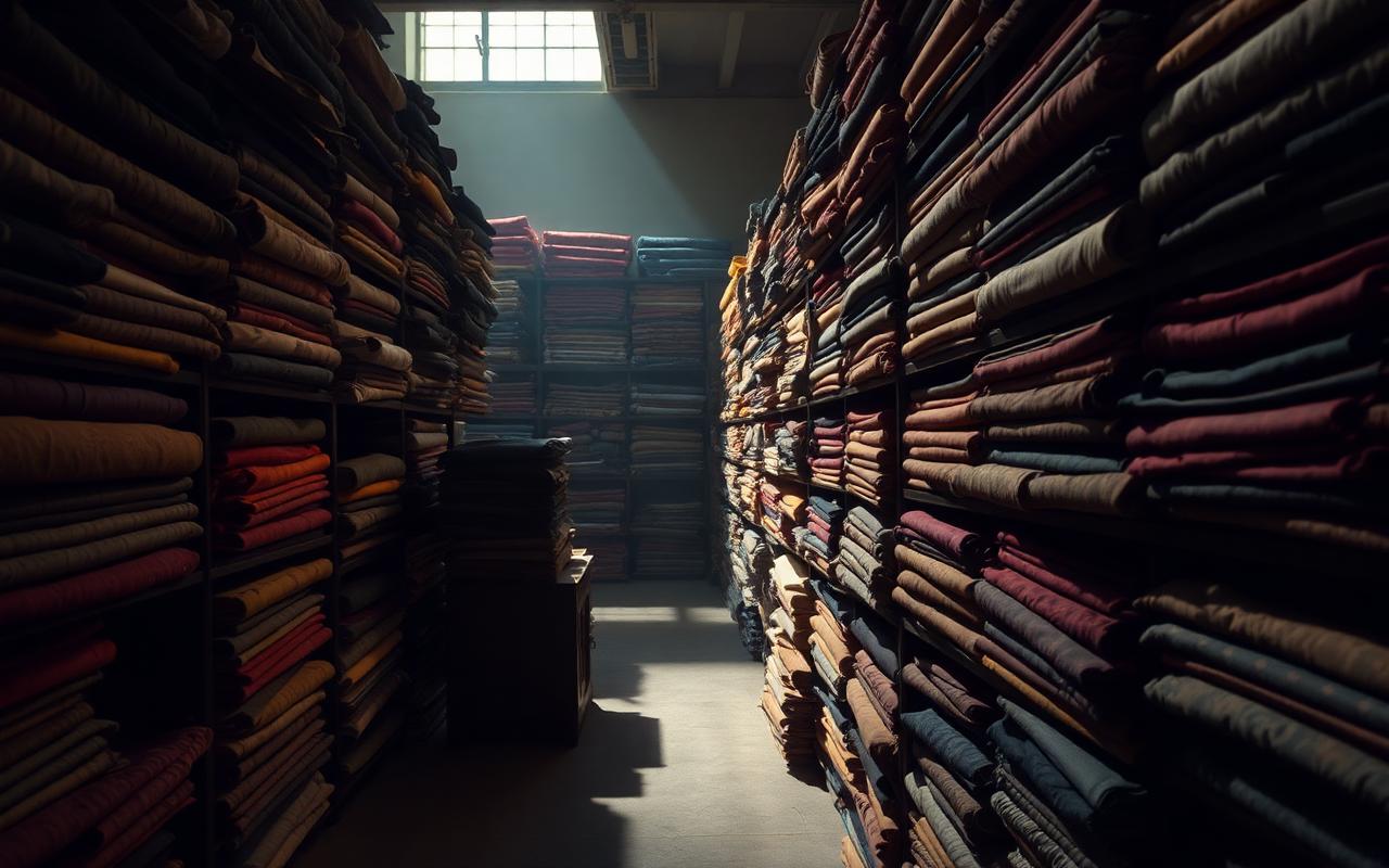 Bolts of luxurious fabric stacked on shelves in a warmly lit textile archive Bolts of luxurious fabric stacked on shelves in a warmly lit textile archive