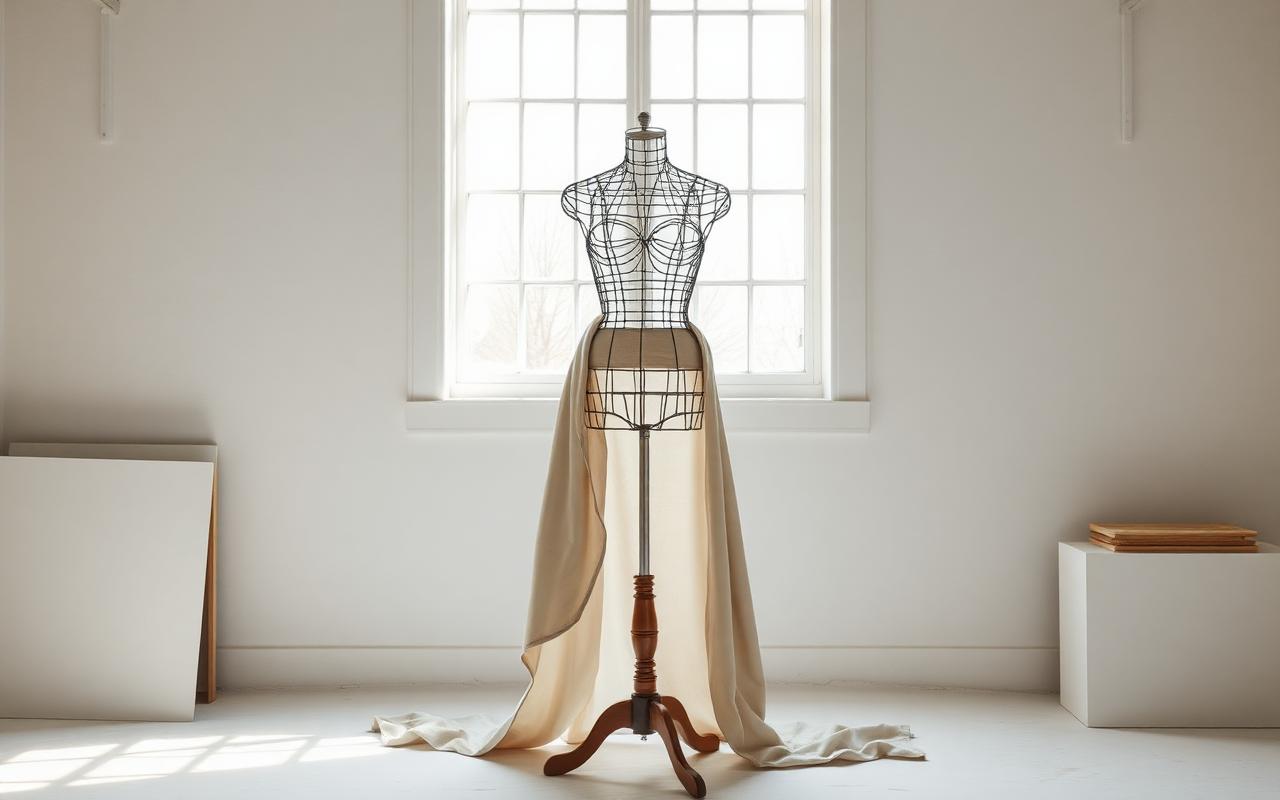 An empty wireframe dress form in a minimalist atelier studio with soft window light and draped fabric An empty wireframe dress form in a minimalist atelier studio with soft window light and draped fabric
