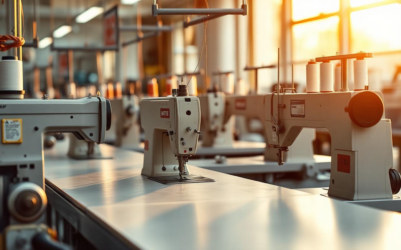 Industrial sewing machines on a clean factory line at golden hour with threads and spools in soft focus Industrial sewing machines on a clean factory line at golden hour with threads and spools in soft focus