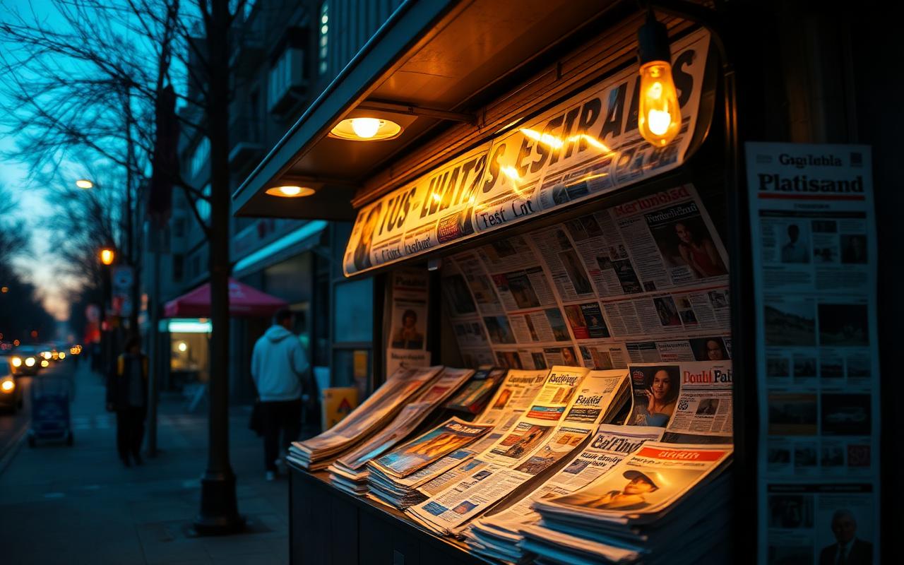 A newsstand at dusk with rows of newspapers glowing under a warm streetlight