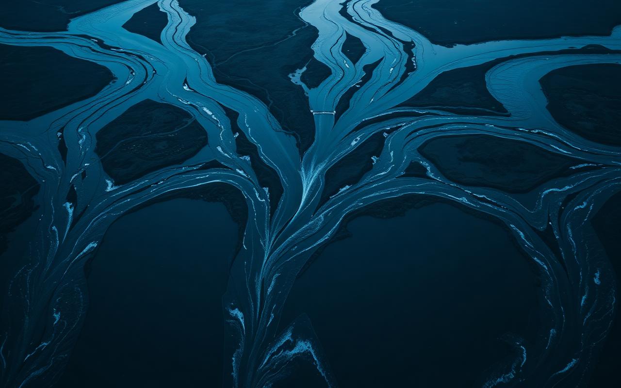 An aerial view of a river splitting into many separate streams across a dark landscape