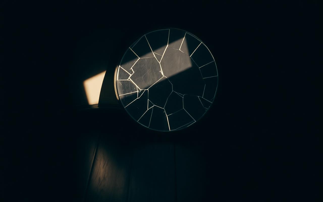 A cracked round mirror on a dark wooden floor catching a single beam of sunlight