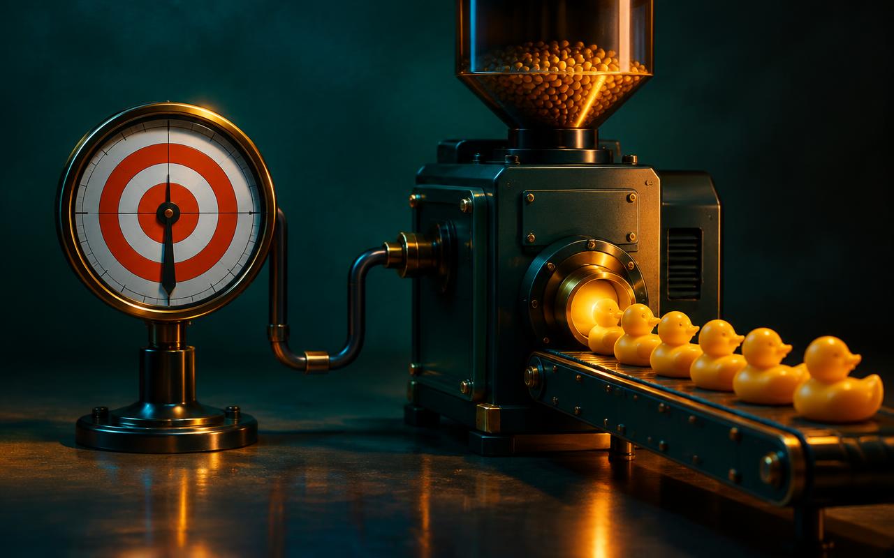 A target gauge connected to a machine producing the wrong result perfectly