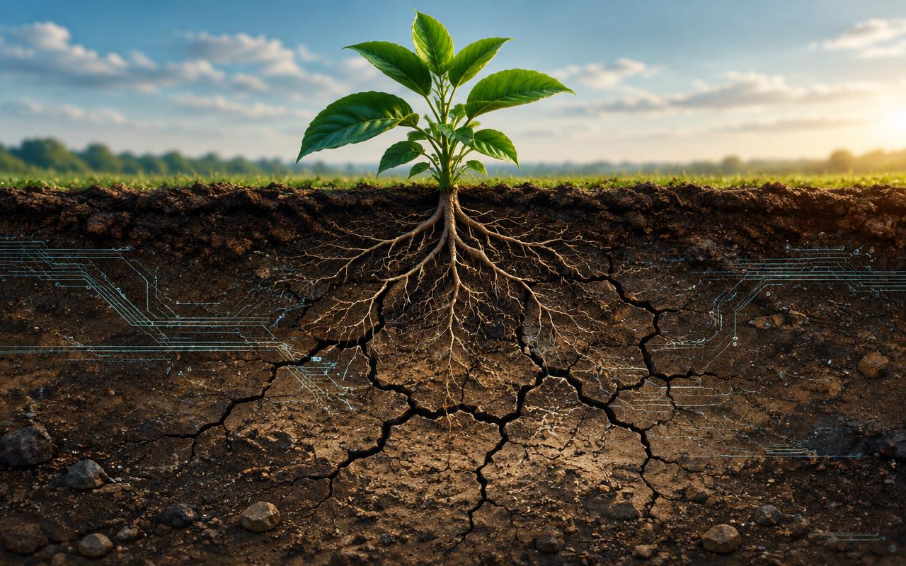 A healthy plant above depleted and cracked soil with hidden circuit traces