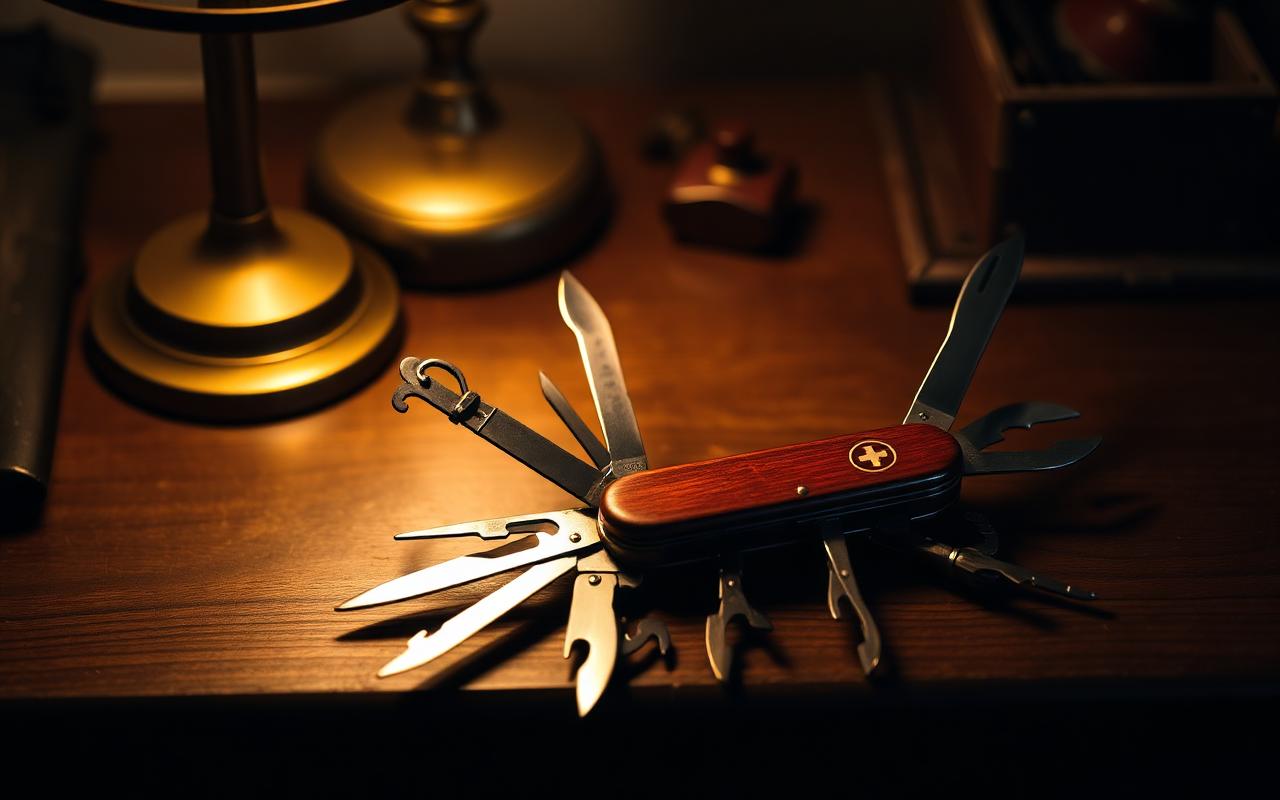 A vintage swiss army knife with multiple tools opened on a dark walnut desk under warm lamp light