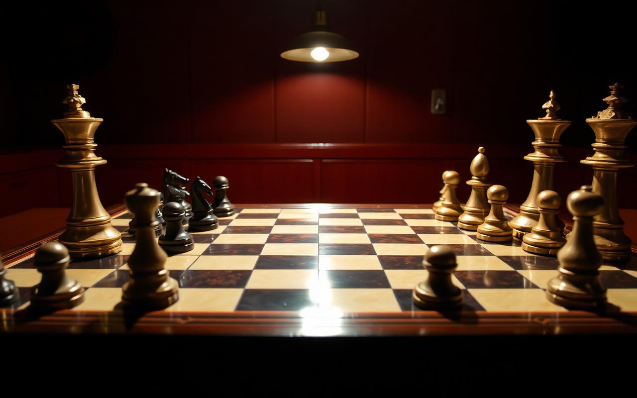 A polished chess board with pieces arranged mid-game under a warm single overhead light