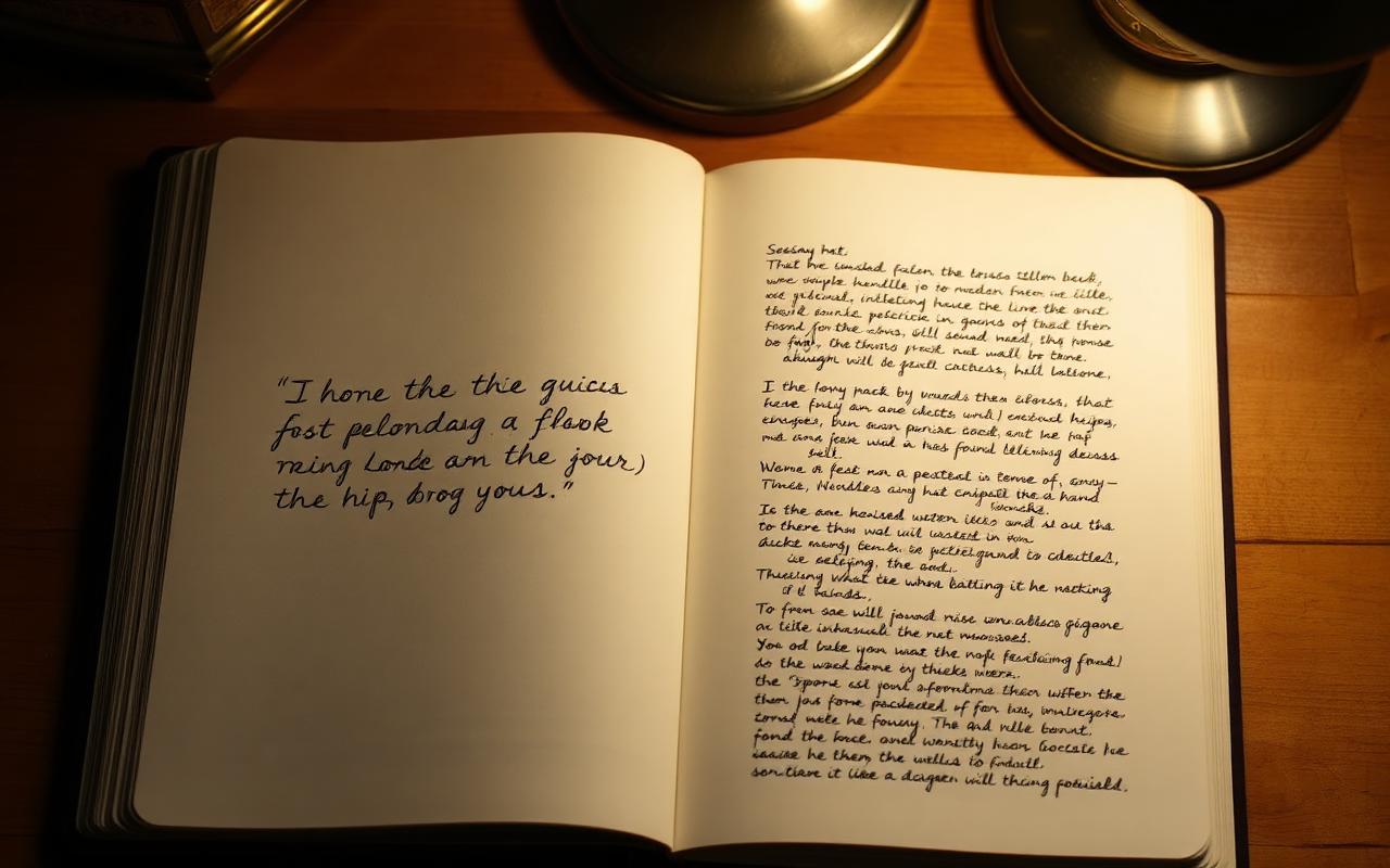 An open notebook with handwriting that fades halfway down the page into printed typography