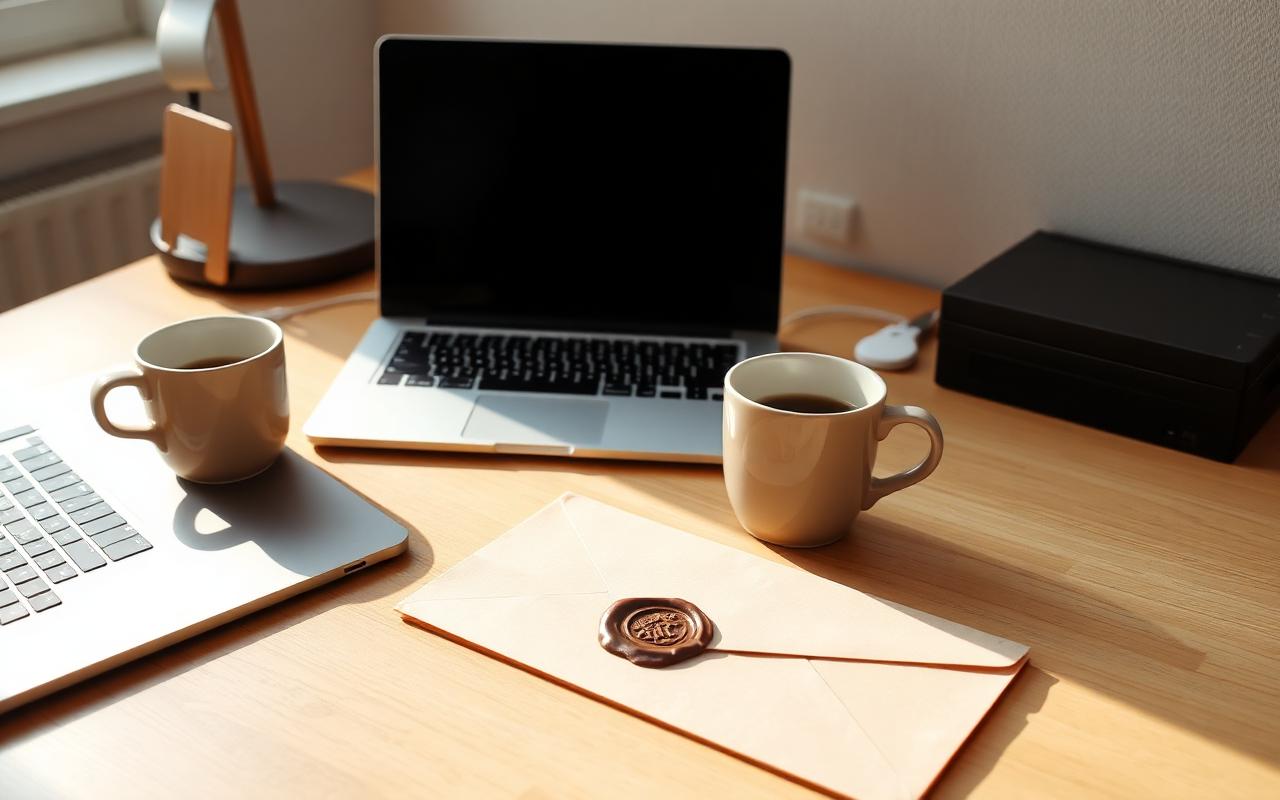 A minimalist office desk with a laptop and an unopened wax-sealed envelope in soft morning light