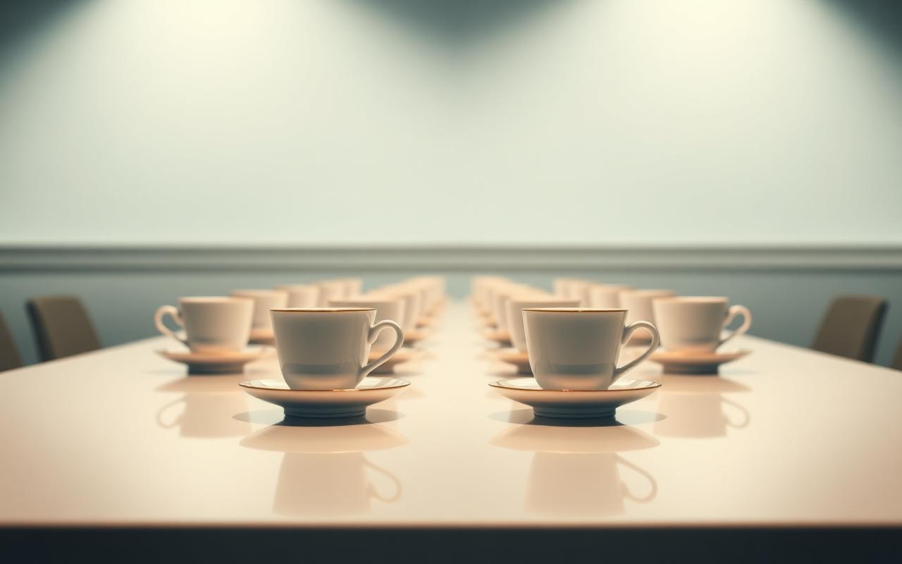A long polished table with a row of identical porcelain teacups perfectly aligned