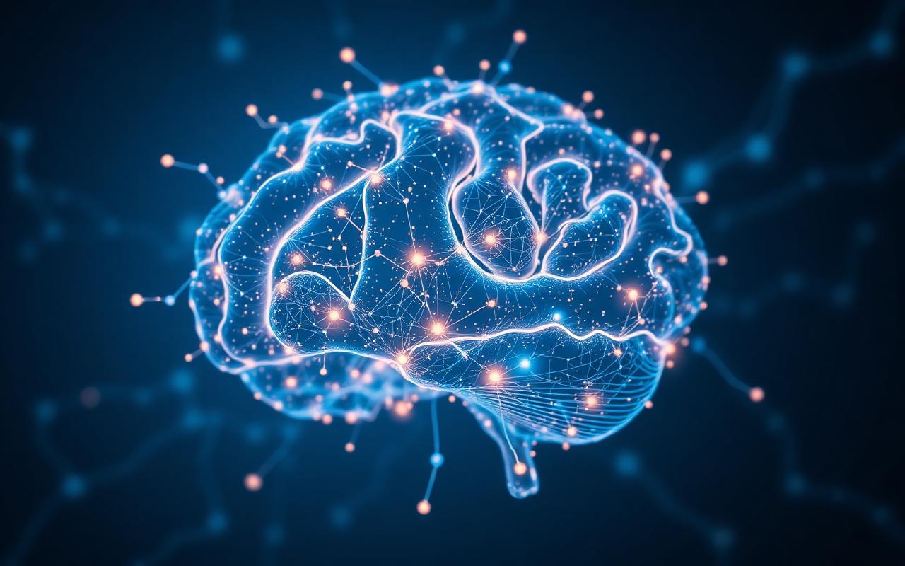 A glowing translucent brain made of networked nodes suspended in deep blue space