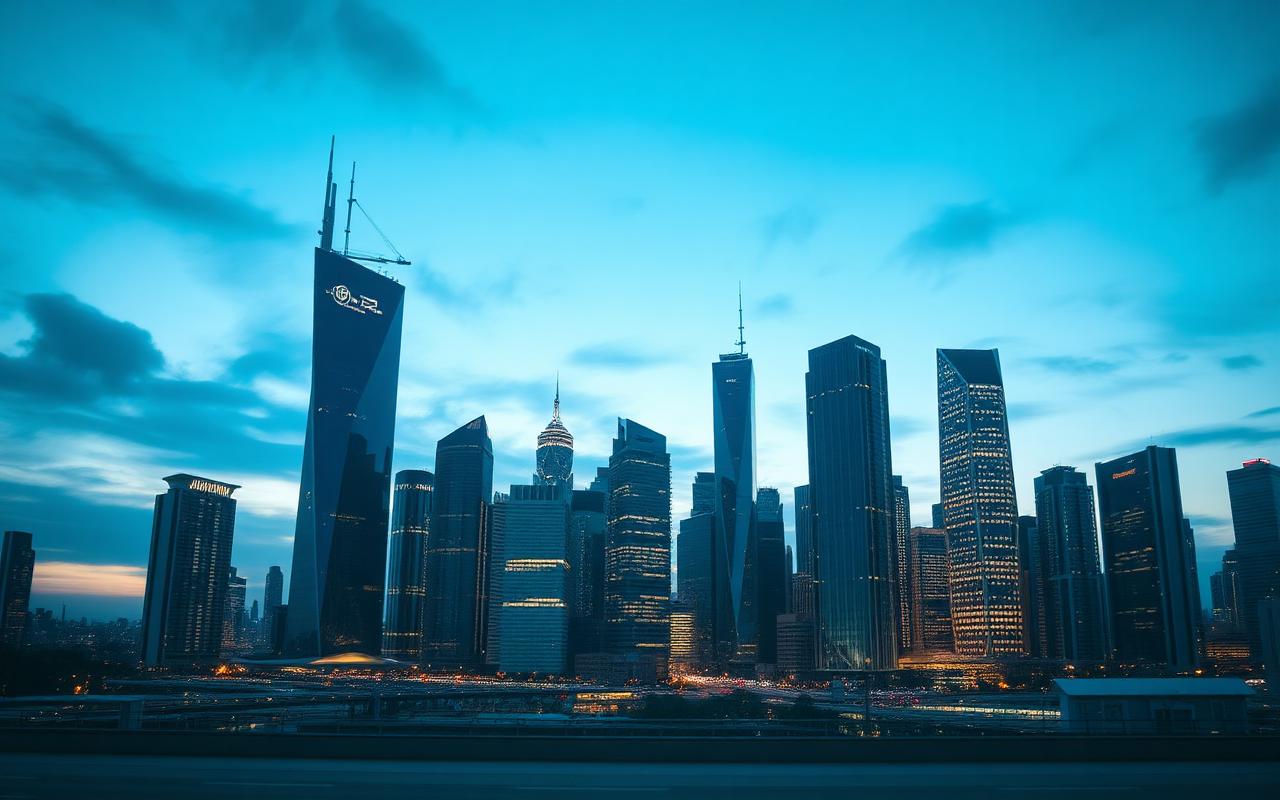 A futuristic urban skyline at blue hour with glowing geometric skyscrapers A futuristic urban skyline at blue hour with glowing geometric skyscrapers