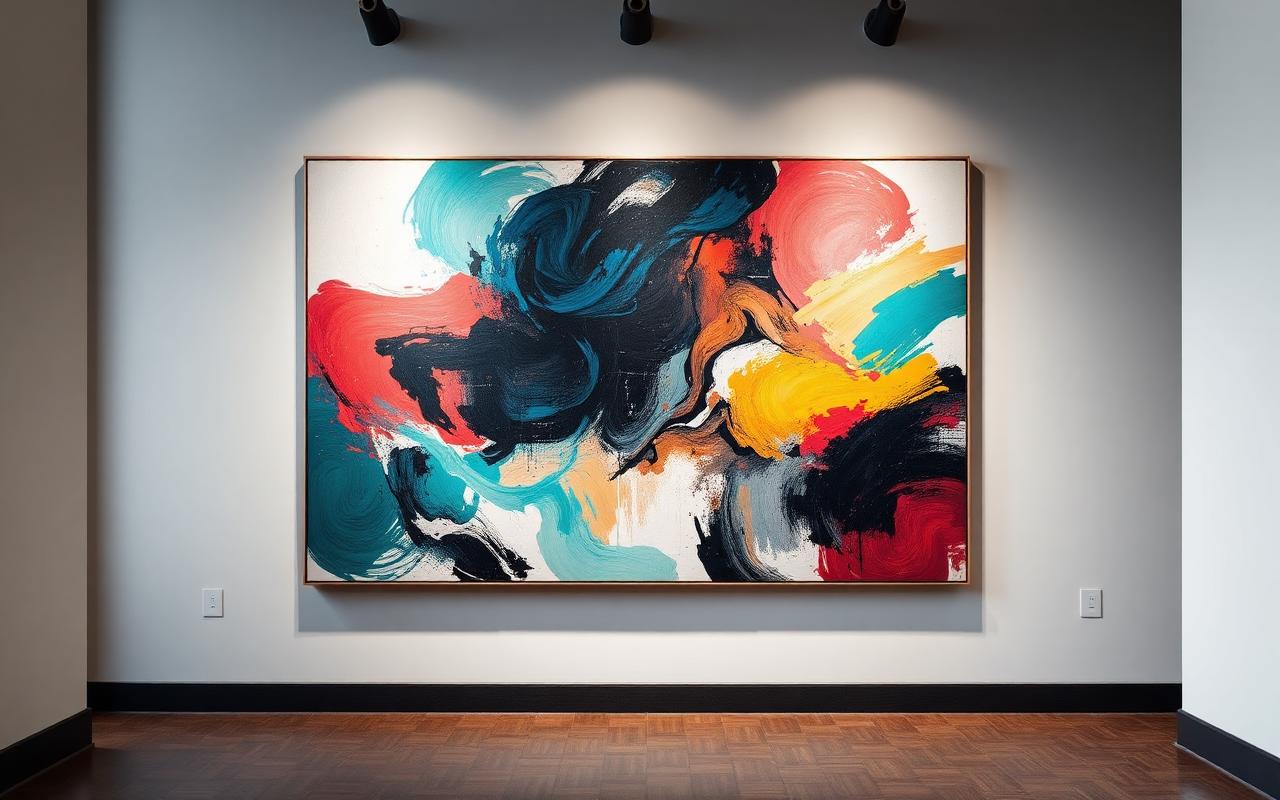 A large abstract painting with swirling chromatic brushstrokes hung in a minimal gallery wall