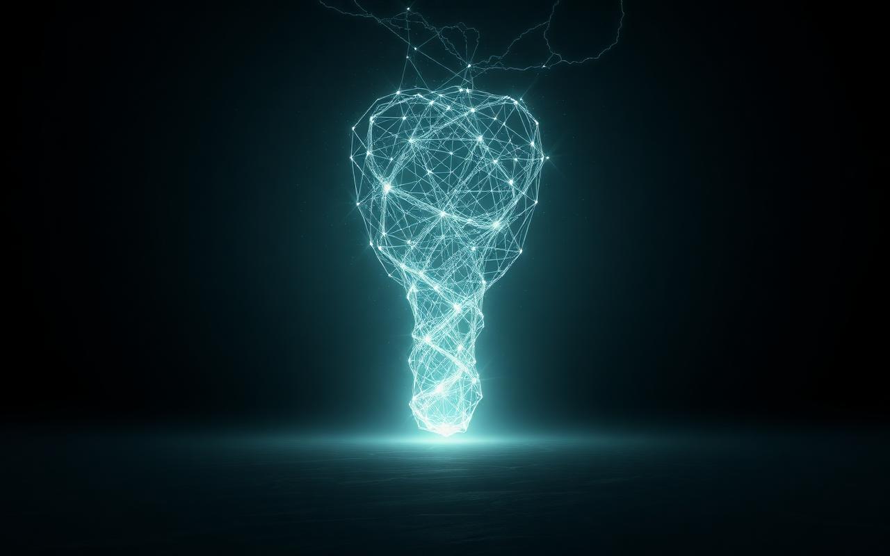 A vast dark abstract space dominated by an enormous luminous knotted lattice of light suggesting a superintelligence beyond comprehension A vast dark abstract space dominated by an enormous luminous knotted lattice of light suggesting a superintelligence beyond comprehension