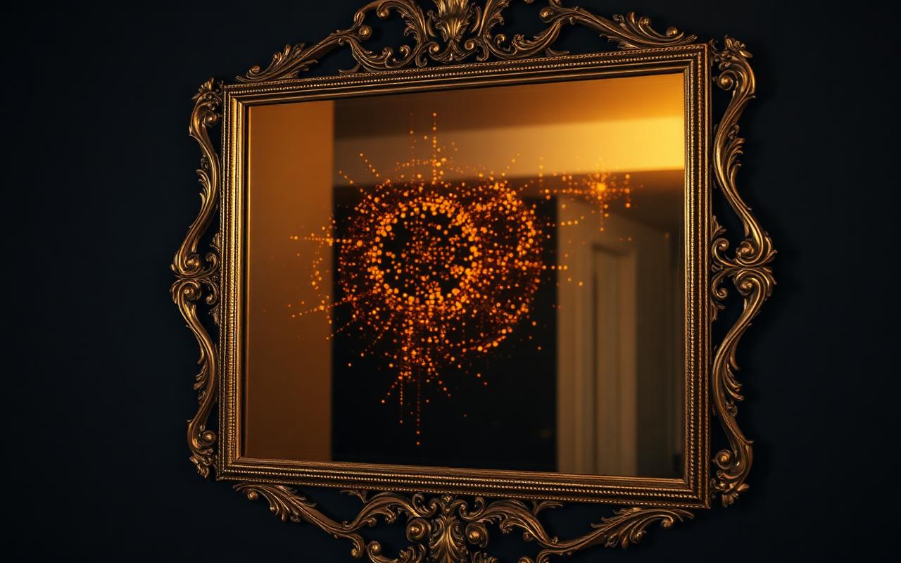 A large antique mirror on a dark wall reflecting a soft blur of shapes and warm light