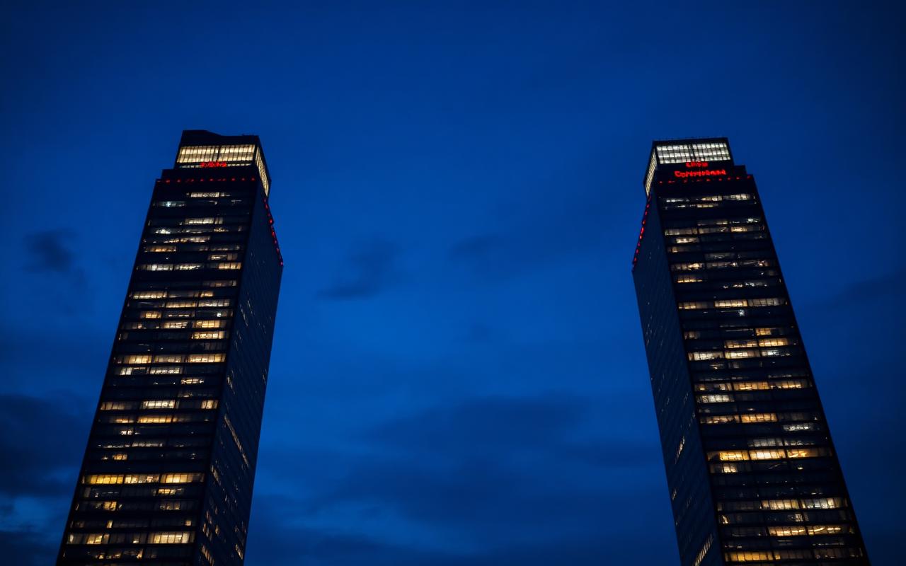 A tall glass building at dusk with sharply contrasting bright and dim floors seen from the street