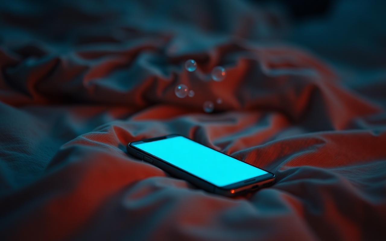 A glowing smartphone resting on a soft linen blanket at night with faint chat bubbles drifting upward in warm ambient light