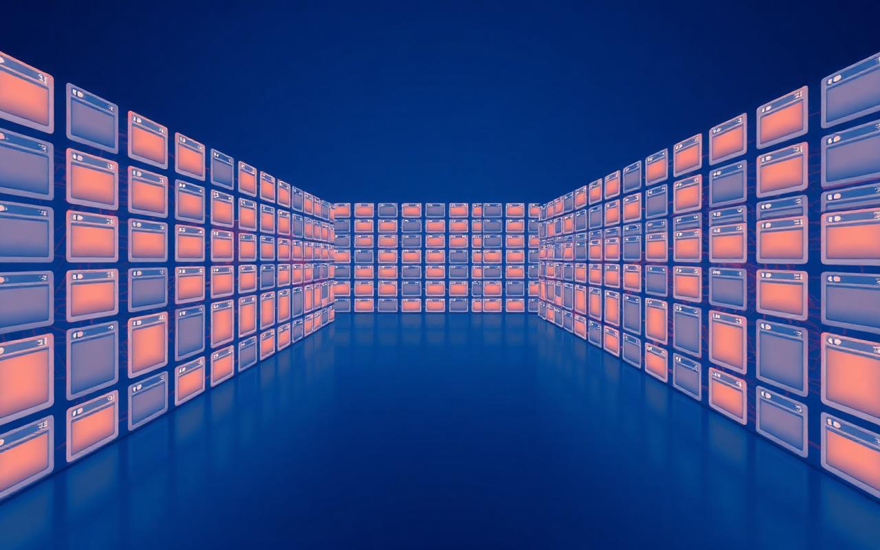 An endless grid of identical glowing browser windows stacked in a deep blue digital void