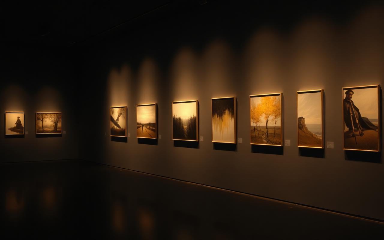 A softly lit gallery wall with a single carefully placed frame set against warm neutral paint
