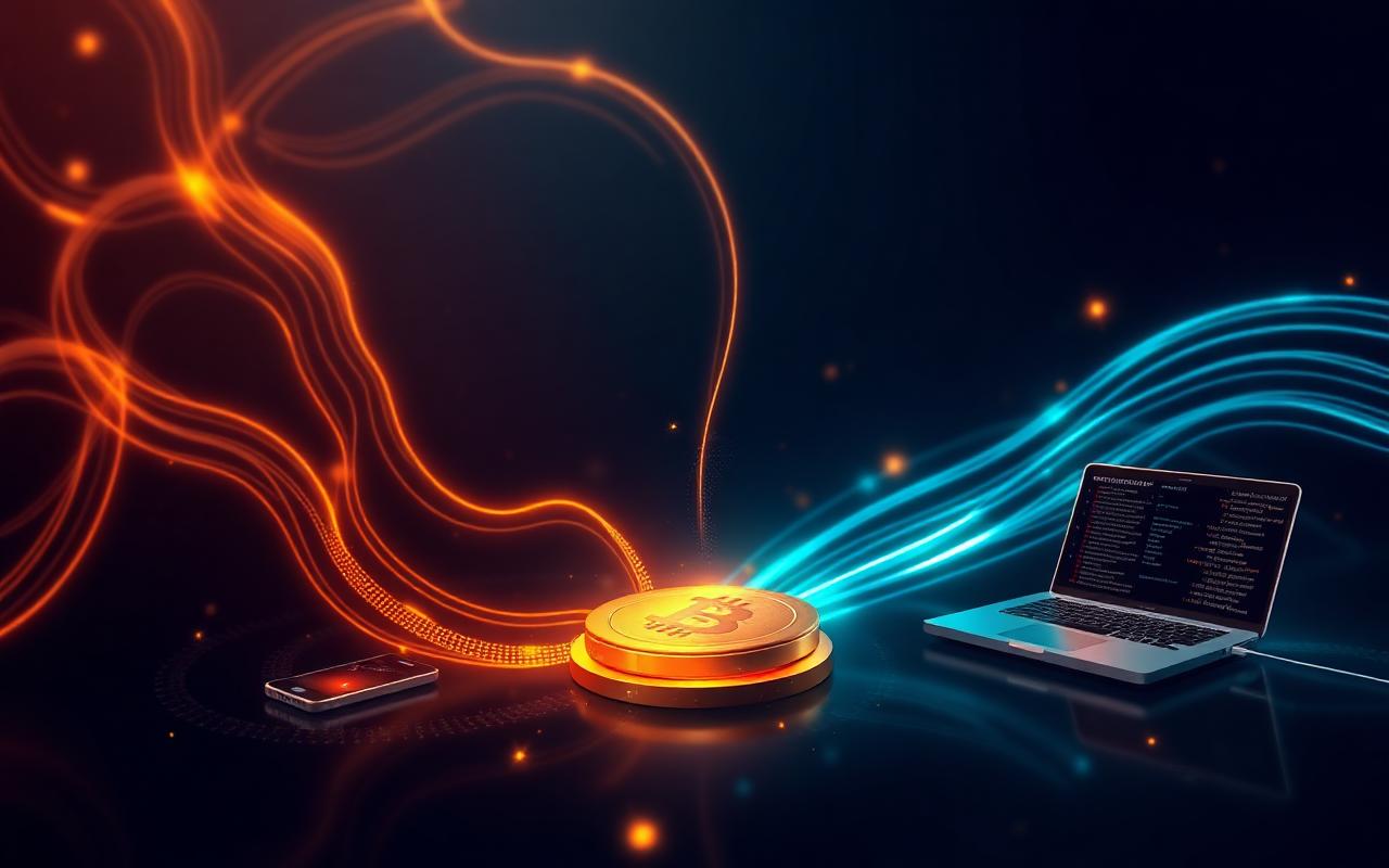 Streams of glowing data pouring from devices into a large golden coin, symbol of the value being generated from user behaviour