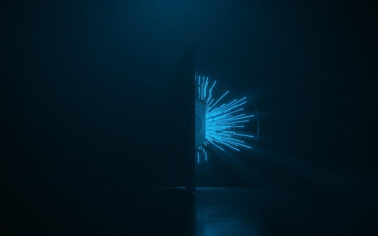 A heavy steel vault door slightly ajar in a dark room with a warm glow spilling out from behind it