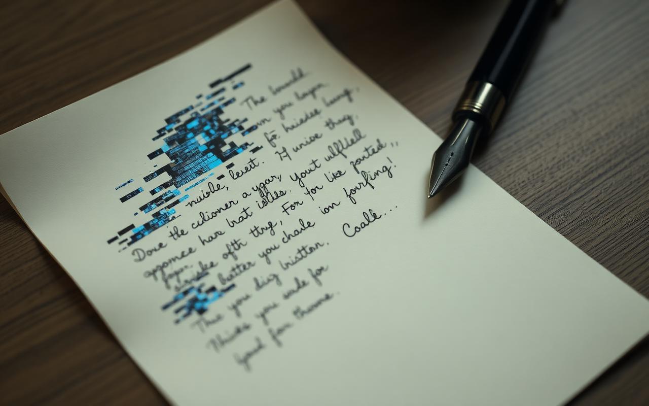 A handwritten letter with half of its text dissolving into pixels on a wooden desk beside a fountain pen
