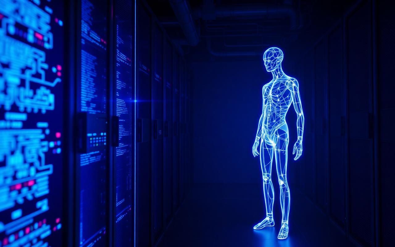 A glowing translucent wireframe silhouette of a figure standing in a dark server room with streams of blue data flowing into it
