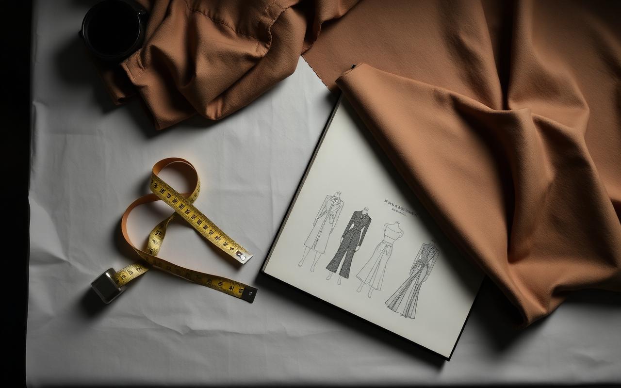 Designer's atelier table with folded fabric swatches, a tape measure and a sketchbook of garment silhouettes in moody editorial light Designer's atelier table with folded fabric swatches, a tape measure and a sketchbook of garment silhouettes in moody editorial light