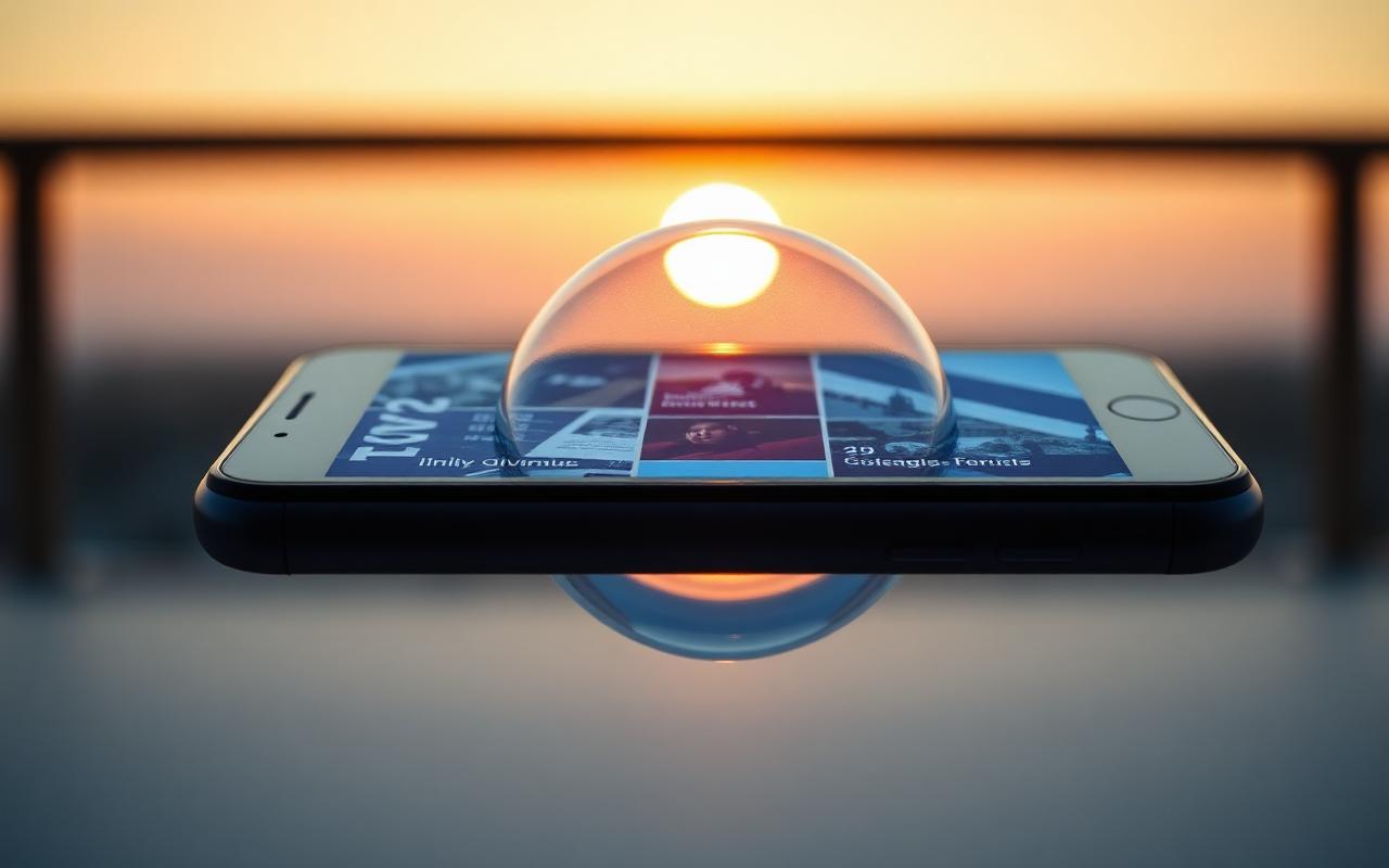 A single soap bubble hovering above a smartphone showing scattered news headlines, sunset light in the background