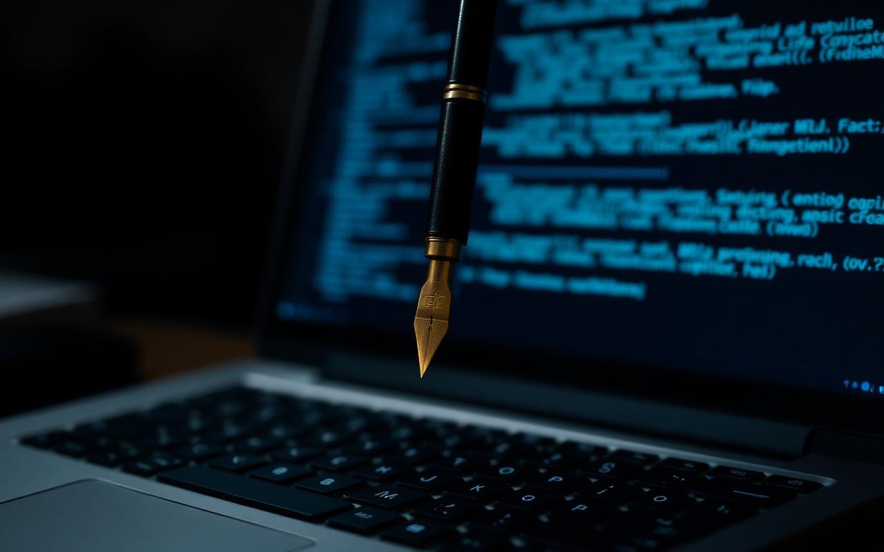 A fountain pen suspended above a laptop keyboard with the faint glow of AI code visible on the screen
