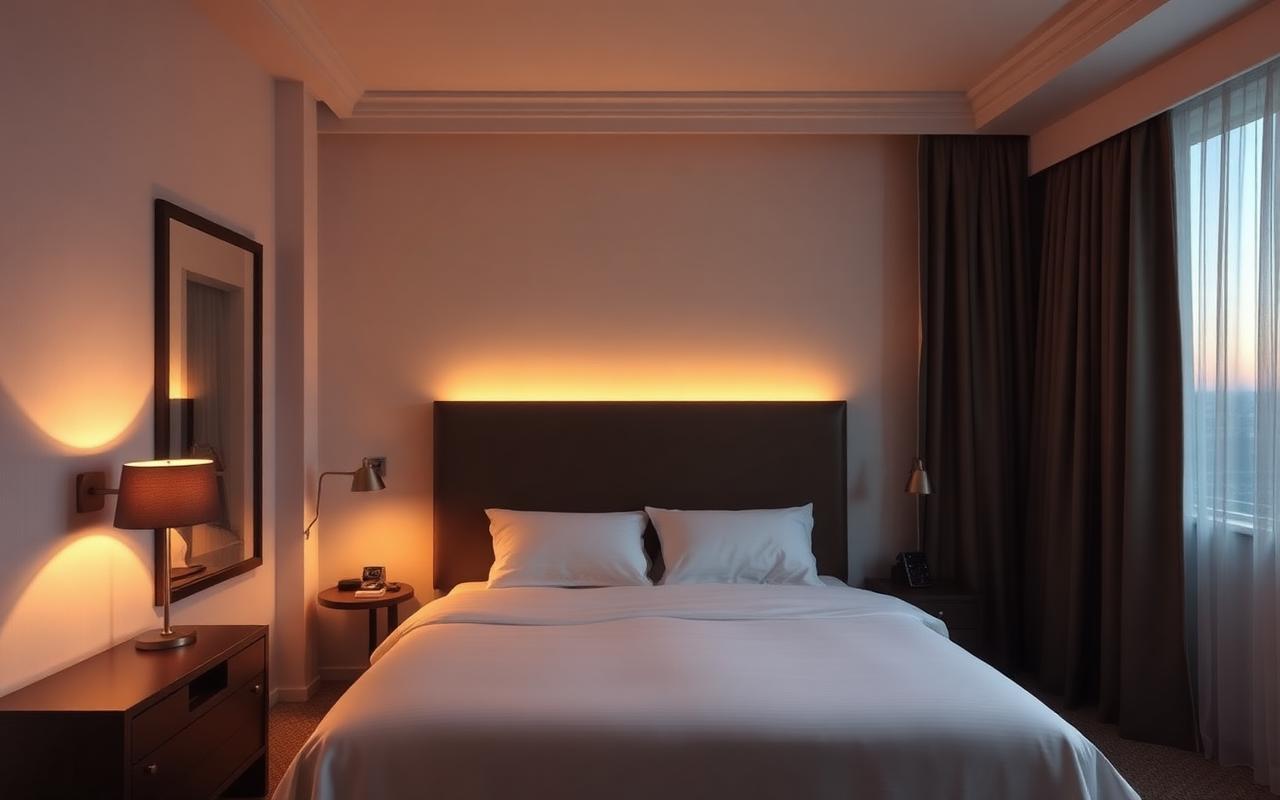 A beautifully appointed empty hotel suite at dusk with warm ambient lighting and blackout curtains partially drawn A beautifully appointed empty hotel suite at dusk with warm ambient lighting and blackout curtains partially drawn