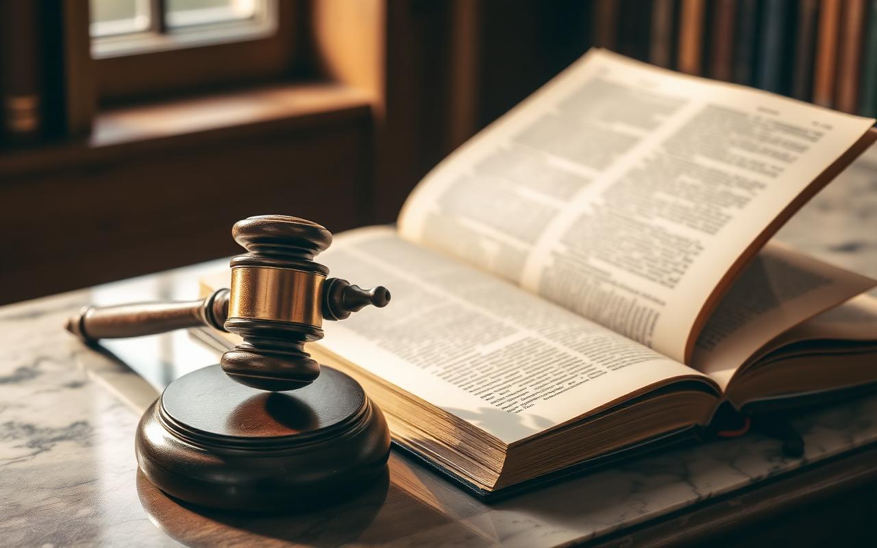 A worn wooden judge's gavel on a marble bench beside an open leather bound book in warm library light
